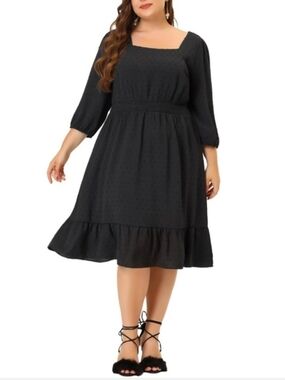 Plus Size Black Square Neck Ruffle Hem Dress